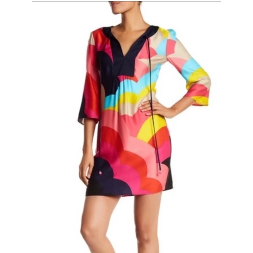 NEW Trina Turk colorful Tunic mini dress 3/4‎ Sleeve size 4 Satin tassels resort